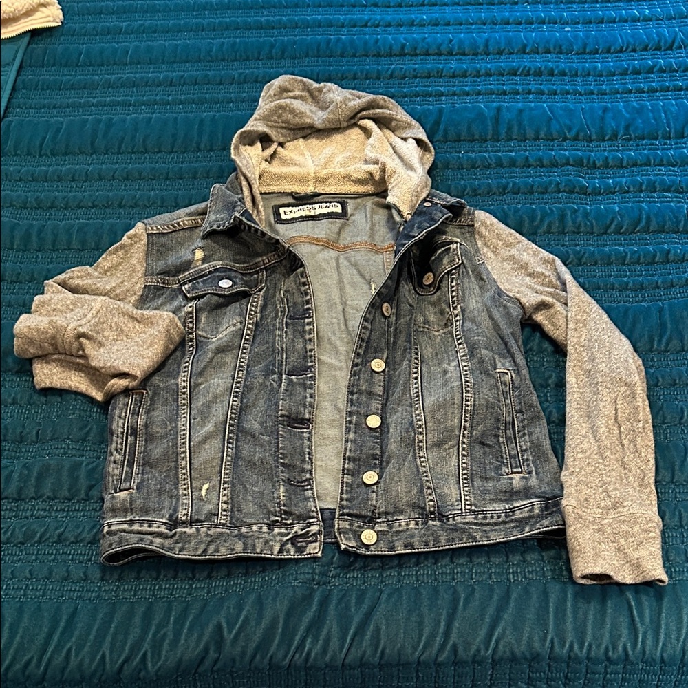 Urban Republic Blue Denim Jacket with Gray Sleeves and Hood